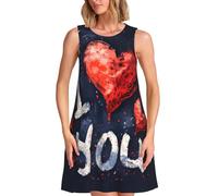 I Love You Words with Hearts Print Women Dress Casual Summer Sundress with Round Neck at Home Office Beach, Noir, 3XL