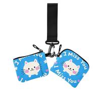 I Miss You Lot de 2 portefeuilles pour cartes de visite avec fermeture éclair et poche à monnaie pour femme Motif chat blanc, Chat blanc mignon I Miss You Cartoon, 1 size, Décontracté