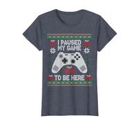 I Paused My Game to Be Here Pull de Noël Ugly Gamer T-Shirt, Femme, Bleu Chiné, S