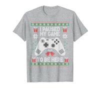 I Paused My Game to Be Here Pull de Noël Ugly Gamer T-Shirt, Homme, Gris Chiné, S
