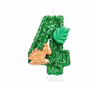 i-QiQi - Bougie d'anniversaire en forme de chiffre 4 à paillettes - Motif dinosaure 3D - Décoration de gâteau d'anniversaire - Thème animal vert