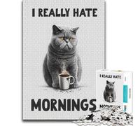 I Really Hate Mornings Cat Puzzle en Bois pour Adultes, Loisir, 500 pièces | Présent de Noël pour passionné : activité sans écran à la maison à son propre rythme.
