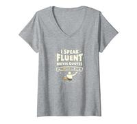 I Speak Fluent Movie Quotes Cinephile Film Lover T-Shirt avec Col en V, Femme, Gris Chiné, XL