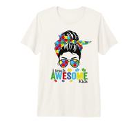 I Teach Awesome Kids Teacher Chignon désordonné de Sensibilisation à l'Autisme T-Shirt Haut de Gamme