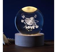 I-TOTAL® - Boule de verre 3D avec LED RGB effet au plafond, veilleuse pour enfants, lampe de nuit avec base en bois, thème fantastique, décoration en cristal design (LOVE)