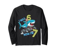 I Was Six Now I'm Seven Shark 67 Meme 7th Birthday Boys Kids Manche Longue