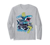 I Was Six Now I'm Seven Shark 67 Meme 7th Birthday Boys Kids Manche Longue