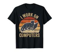 I Work on Computers Art rétro Motif Chat Amusant T-Shirt
