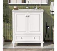 I0I&I0I Armoire de salle de bain, avec lavabo, 76 x 46 x 87 cm, pose libre, en MDF et bois massif, étanche, avec bac en céramique, 2 portes, tiroir et espace de rangement, blanc