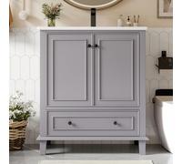 I0I&I0I Armoire de salle de bain, avec lavabo, 76 x 46 x 87 cm, pose libre, en MDF et bois massif, étanche, avec bac en céramique, 2 portes, tiroir et espace de rangement, gris