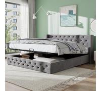 I0I&I0I Lit double capitonné, 140 x 190 cm, avec rangement hydraulique, moderne, noir, beige, avec tête rembourrée, bouton tufté, tissu imperméable, gris + velours 2