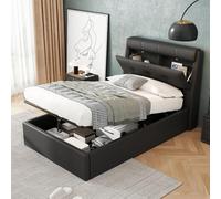 I0I&I0I Lit rembourré, 90 x 200 cm, noir, avec sommier à lattes et tête de lit, coffre de rangement hydraulique, en polyuréthane, avec plateau caché, sans matelas (noir + PU + 90 x 200 cm)