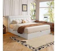 I0I&I0I Lit rembourré, 90 x 200 cm, noir, avec sommier à lattes et tête de lit, coffre de rangement hydraulique, en polyuréthane, avec plateau caché, sans matelas (blanc + PU + 140 cm x 190 cm)