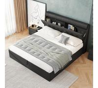 I0I&I0I Lit rembourré, 90 x 200 cm, noir, avec sommier à lattes et tête de lit, coffre de rangement hydraulique, en polyuréthane, avec plateau caché, pour tête de lit dissimulé, sans matelas (noir +