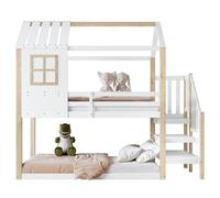 I0I&I0I Lit superposé, 90 x 200 cm, avec escalier d'angle, protection anti-chute et grille, fenêtre, design de toit unique, pin + MDF (blanc + naturel)