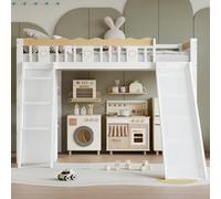 I0I&I0I Lit superposé, 90 x 200 cm, avec toboggan, armoire et armoire de rangement, clôture à quatre côtés, échelle, pin massif + MDF, lit de jeu, pour chambre d'enfant, blanc naturel