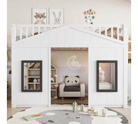 I0I&I0I Lit superposé pour enfant, avec escalier, fenêtre et protection anti-chute, lit de jeu, avec grille et sous lit à modulable, en pin et MDF, stable et sûr, blanc, 218 x 95 x 145,5 cm