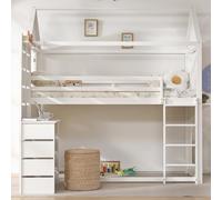 I0I&I0I Lit superposé pour enfant avec protection anti-chute, table, étagère, espace de rangement, deux fenêtres, pin + MDF (blanc, 219 x 170,5 x 213,5 cm)