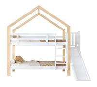 I0I&I0I Lit superposé pour enfant, avec toboggan et échelle d'ascension d'angle, lit de maison avec protection anti-chute, lit de jeu en bois massif et MDF, lit mezzanine, peu encombrant (blanc +