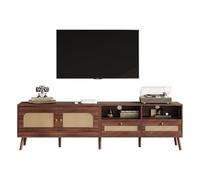 I0I&I0I Meuble TV bas pour téléviseur de 80" avec 2 portes en rotin et 2 tiroirs, meuble TV bas avec 8 pieds en bois, buffet moderne, marron en panneau aggloméré (200 x 37 x 49,5 cm)