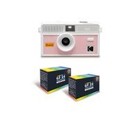 i60 - Appareil Photo Reutilisable 35mm, Style Retro, Sans Mise au Point, Flash Integre Pop-up - Blanc et Beige clair + 2 Pellicules Couleur 24
