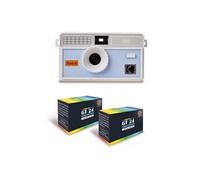 i60 - Appareil Photo Reutilisable 35mm, Style Retro, Sans Mise au Point, Flash Integre Pop-up - Blanc et Bleu bebe + 2 Pellicules Couleur 24