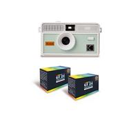 i60 - Appareil Photo Reutilisable 35mm, Style Retro, Sans Mise au Point, Flash Integre Pop-up - Blanc et Vert bourgeon + 2 Pellicules Couleur 24