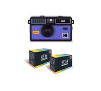 i60 - Appareil Photo Reutilisable 35mm, Style Retro, Sans Mise au Point, Flash Integre Pop-up - Noir et Bleu + 2 Pellicules Couleur 24 Expositions