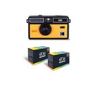 i60 - Appareil Photo Reutilisable 35mm, Style Retro, Sans Mise au Point, Flash Integre Pop-up - Noir et Jaune + 2 Pellicules Couleur 24 Expositions