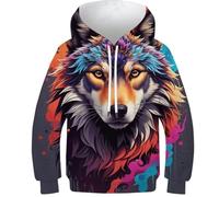 IAEXFGHJZ Peindre Le Loup Enfants Ado Fille Garçons 3D Imprimé Sweat À Capuche Pull Wolf Riche et coloré Wolf De Chat Loup Lion Hoodie Hiver Slim Fit Tops Blouse 5-16 Ans 8-10Y