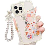 IAIYOXI Coque pour iPhone 16 Pro Max avec joli motif fleurs ours, protecteur d'appareil photo, coque de téléphone transparente et joli bracelet, compatible avec iPhone 16 Pro Max pour filles et femmes