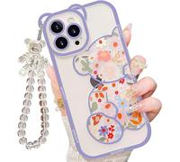 IAIYOXI Jolie coque transparente avec protecteur d’appareil photo et élégante dragonne, style féminin, pour iPhone 16, motif mignon avec ourson et fleurs, bleu