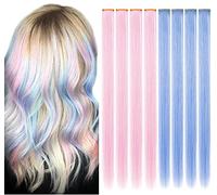 IAMERUI Multicolors Party met en valeur les cheveux raides Clips colorés dans extensions de synthétiques plusieurs couleurs Postiche long résistant à la chaleur 8PCS (Rose clair Bleu clair)