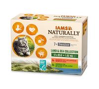 IAMS Naturally Nourriture Humide pour Chat Senior 12 sachets fraicheurs pour 2 Pâtées Terre/Mer en sauce - SANS SUCRE AJOUTE, OGM, protéines végétales, colorant, arôme artificiel - 12 x 85g