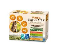 IAMS Naturally Nourriture Humide pour Chat Stérilisé ou non 12 sachets fraicheurs pour 4 Pâtées Terre/Mer en sauce - SANS SUCRE AJOUTE, OGM, protéines végétales, colorant, arôme artificiel - 12 x 85g