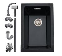 iAnomla Évier Cuisine en Quartz Noir, 30 x 40 cm, Évier Simple en Composite Encastré/Sous Plan, Évier Commercial Avec Trop-Plein, Kit de Déchets, Adapté Aux Postes de Travail et Aux Évier de Bar