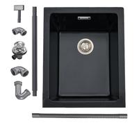 iAnomla Évier Cuisine en Quartz Noir, 35 X 45 cm, Évier Simple en Composite Encastré/Sous Plan, Évier Commercial Avec Trop-Plein, Kit de Déchets, Adapté Aux Postes de Travail et Aux Évier de Bar
