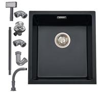 iAnomla Évier Cuisine en Quartz Noir, 40 X 45 cm, Évier Simple en Composite Encastré/Sous Plan, Évier Commercial Avec Trop-Plein, Kit de Déchets, Adapté Aux Postes de Travail et Aux Évier de Bar