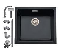 iAnomla Évier Cuisine en Quartz Noir, 45 X 45 cm, Évier Simple en Composite Encastré/Sous Plan, Évier Commercial Avec Trop-Plein, Kit de Déchets, Adapté Aux Postes de Travail et Aux Évier de Bar