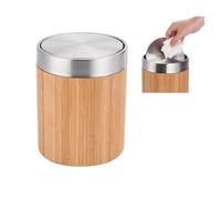 iAnomla Mini Poubelle, 1.3L Poubelle de Table, Coque Coquille Acier Inoxydable Brossé, Fût 100% Bambou Naturel, Pour Salle de Bain, Chambre, Cuisine, Bureau, Coiffeuse, avec ses sacs dédiés