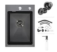 iAnomla Petit évier de cuisine noir en acier inoxydable 35 x 50 cm, cuve simple avec 2 trous pour robinet, bonde à panier et kit de trop-plein, distributeur de savon, 1 bol, rectangulaire