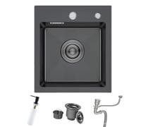 iAnomla Petit évier de cuisine noir en acier inoxydable 40 x 40 cm, cuve simple avec 2 trous pour robinet, bonde à panier et kit de trop-plein, distributeur de savon, 1 bol, carré