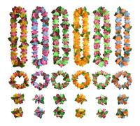 Ianulus 24 Pièces Collier de Fleur Hawaien avec Bandeaux& Bracelets, Collier de Fleurs Hawaien avec Feuilles Vertes, Hawai Tropical Anniversaire Decoration, Décor Fete Hawaien Multicolore Carnaval