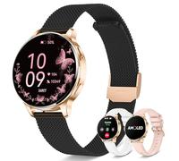 Iaret Montre Connectée Femme avec 3 Bracelets, 1,27" Écran AMOLED Always-on, Appel Bluetooth, 120+ Modes Sport, SpO2/Cardio/Sommeil, Smartwatch Ronde pour Android iOS, Cadeau (Or Noir)