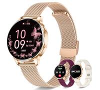 Iaret Montre Connectée Femme avec 3 Bracelets, 1,27" Écran AMOLED Always-on, Appel Bluetooth, 120+ Modes Sport, SpO2/Cardio/Sommeil, Smartwatch Ronde pour Android iOS, Cadeau (Or Rouge)