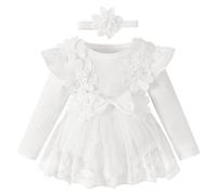 IBAKOM B?b? Fille ? Manches Longues C?tel? Tricot? Robe Pantalons B?b? Dentelle Tutu Robe Florale et Bandeau Ensemble de V?tements G?teau Cass? Mariage F?te d'anniversaire Costume Blanc 12-18M