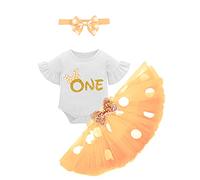 IBAKOM Bébé Fille 1 an Anniversaire Tenue Ensemble Barboteuse Body Manches Courtes + Jupe Tutu À pois + Bowknot Bandeau Fête Cérémonie Photographie Vêtements été Pêche 3 1 an