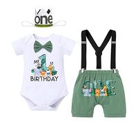 IBAKOM Bébé Garçons Mon 1er Anniversaire Tenues Animal Barboteuse+ Pantalon Court + Bretelles + Bandeau couronne 4pc. Jungle Safari Photoshoot Vêtements Vert Armée 12-18 mois