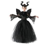 IBAKOM Costume de sorcière pour petite fille - Déguisement de reine diable pour Halloween et costumade - Corne, bandeau, ailes et plumes - Noir - 6 à 7 ans