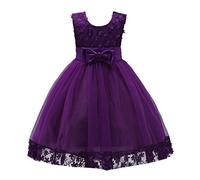 IBAKOM Enfant Bébé Petite Fille Robe Soirée Fleurs Applique Dentelle sans Manches Formelle Mariage Demoiselle d'honneur Bowknot Pageant Anniversaire Robes de Bal Violet foncé 9-10 Ans